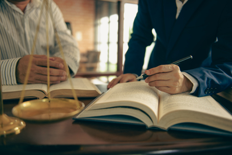 client with a lawyer consulting books